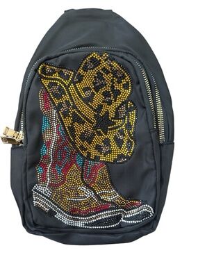 Black Rhinestone Cowboy Boot & Hat Crossbody Sling Bag